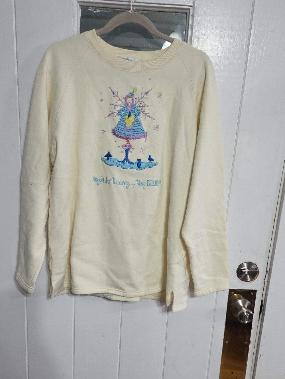 VTG The Quacker Factory Womens Sweatshirt Embellished Angel Cream Fleece XL EUC